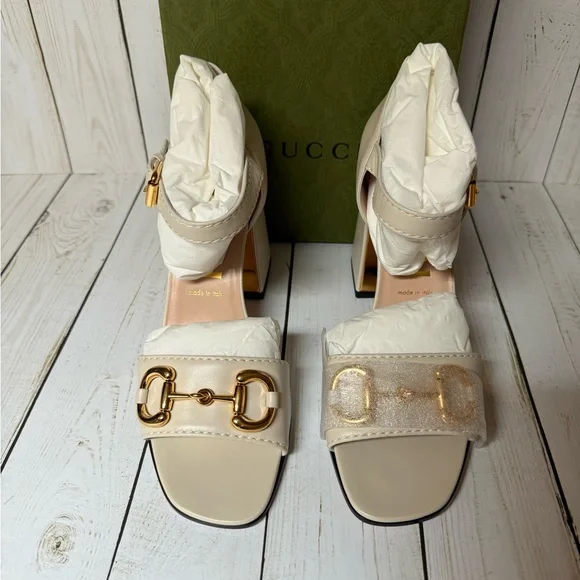 Gucci Nappa Horsebit Cross Strap Sandals Mystic White Sz 40.5 / 10.5 - Picture 6 of 14